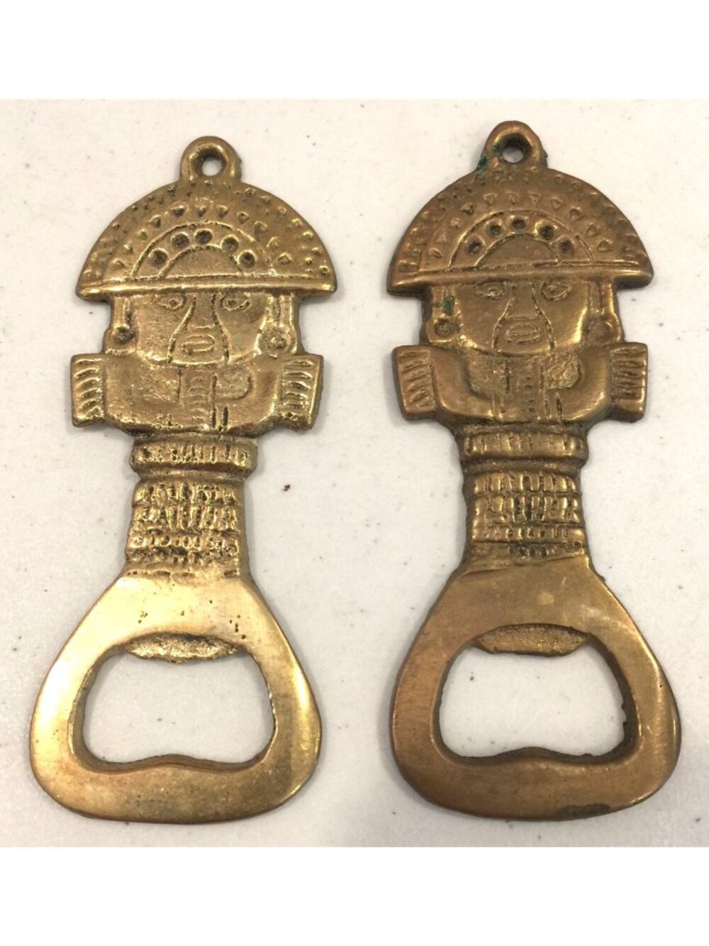 Brass Mayan Warrior Design 3 3/4" Bottle Openers Set of 2 Patina